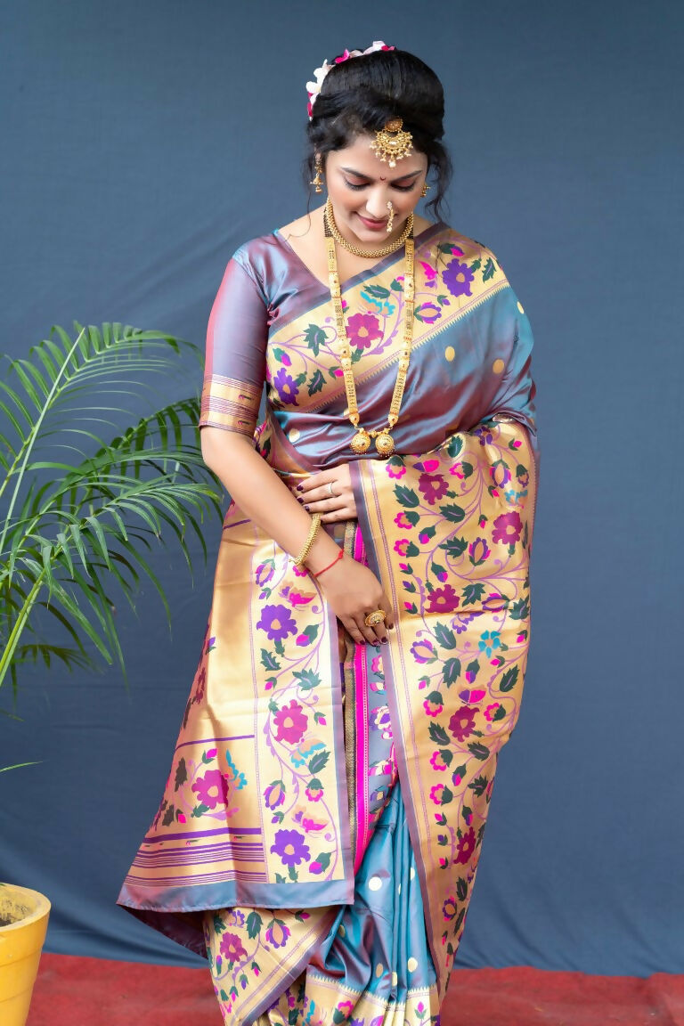 Jyoti Fashion Women's Grey Paithani Silk Zari Woven Saree with Blouse