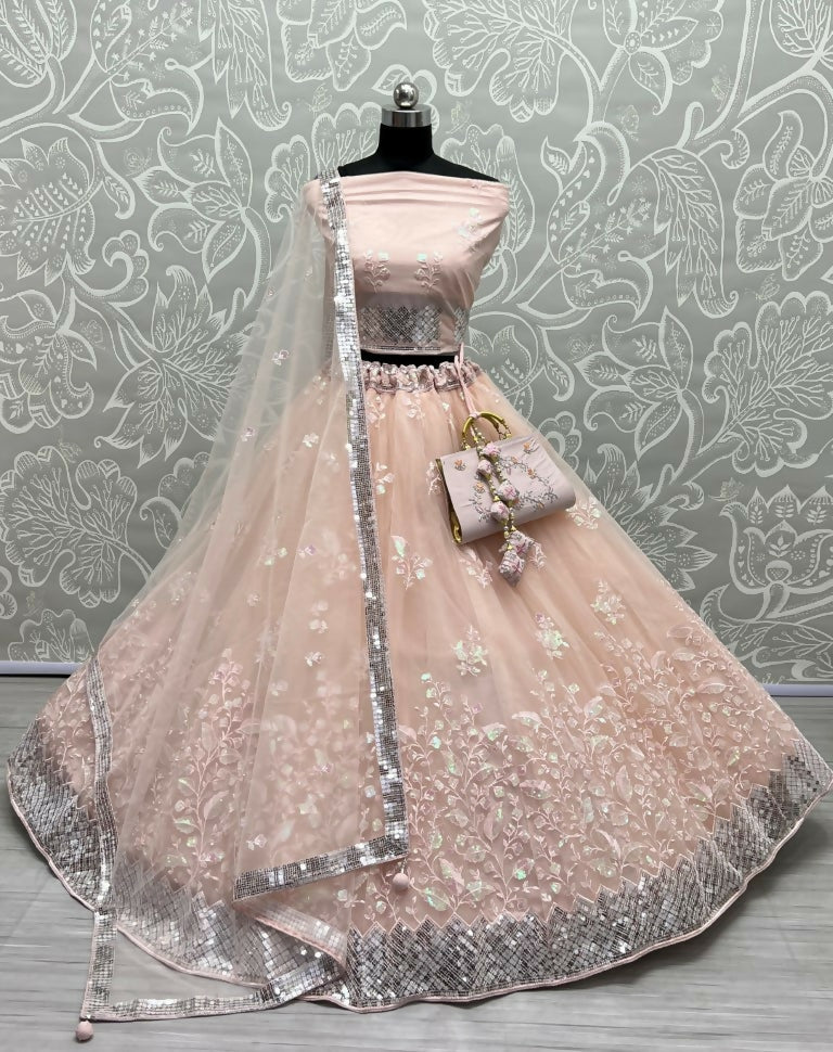 Jyoti Fashion Women's Peach Bridal Net Fancy Sequins with Multi Thread Embroidered Wedding Lehenga Choli