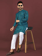Anaita Teal Embroidered Silk Straight Kurta - Distacart