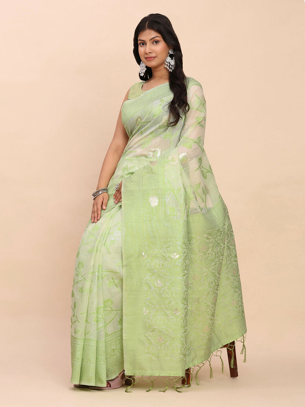 Shree Shyam Fashion Linen Cotton Light Green Saree - Distacart