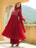 Janasya Maroon Georgette Embroidered Kurta,Bottom & Dupatta