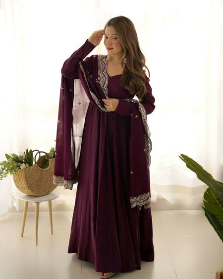 Lehenga Mart Designer Anarkali Suit With Kurta, Pant, Dupatta For Women-Wine