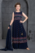 Kids Wedding Designer Navy Blue Georgette Naira Cut Salwar Suit - Aaradhna