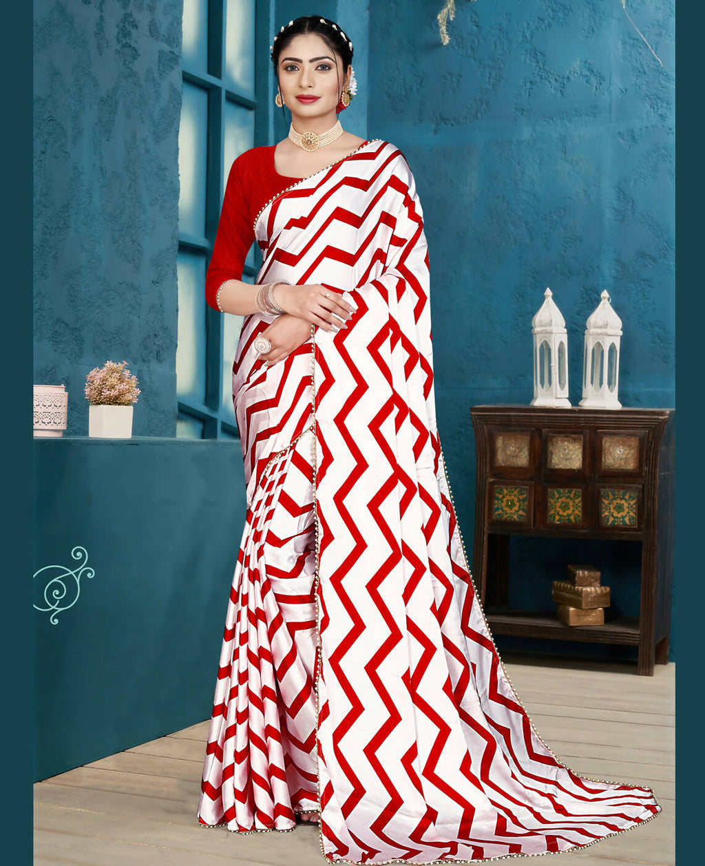 Red Japan Satin Stripe Printed Saree With Unstitched Blouse Piece - Laavanya