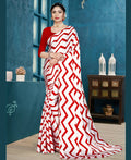 Red Japan Satin Stripe Printed Saree With Unstitched Blouse Piece - Laavanya