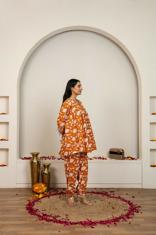 Joban Fashion Peach Hand Block Print Cotton Kurta Set - Distacart