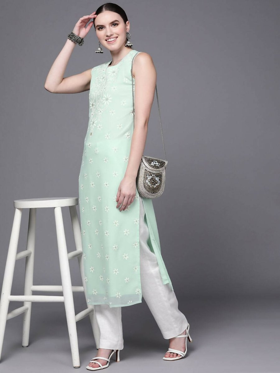 Ahalyaa Women Sea Green Floral Printed Georgette Kurta - Distacart