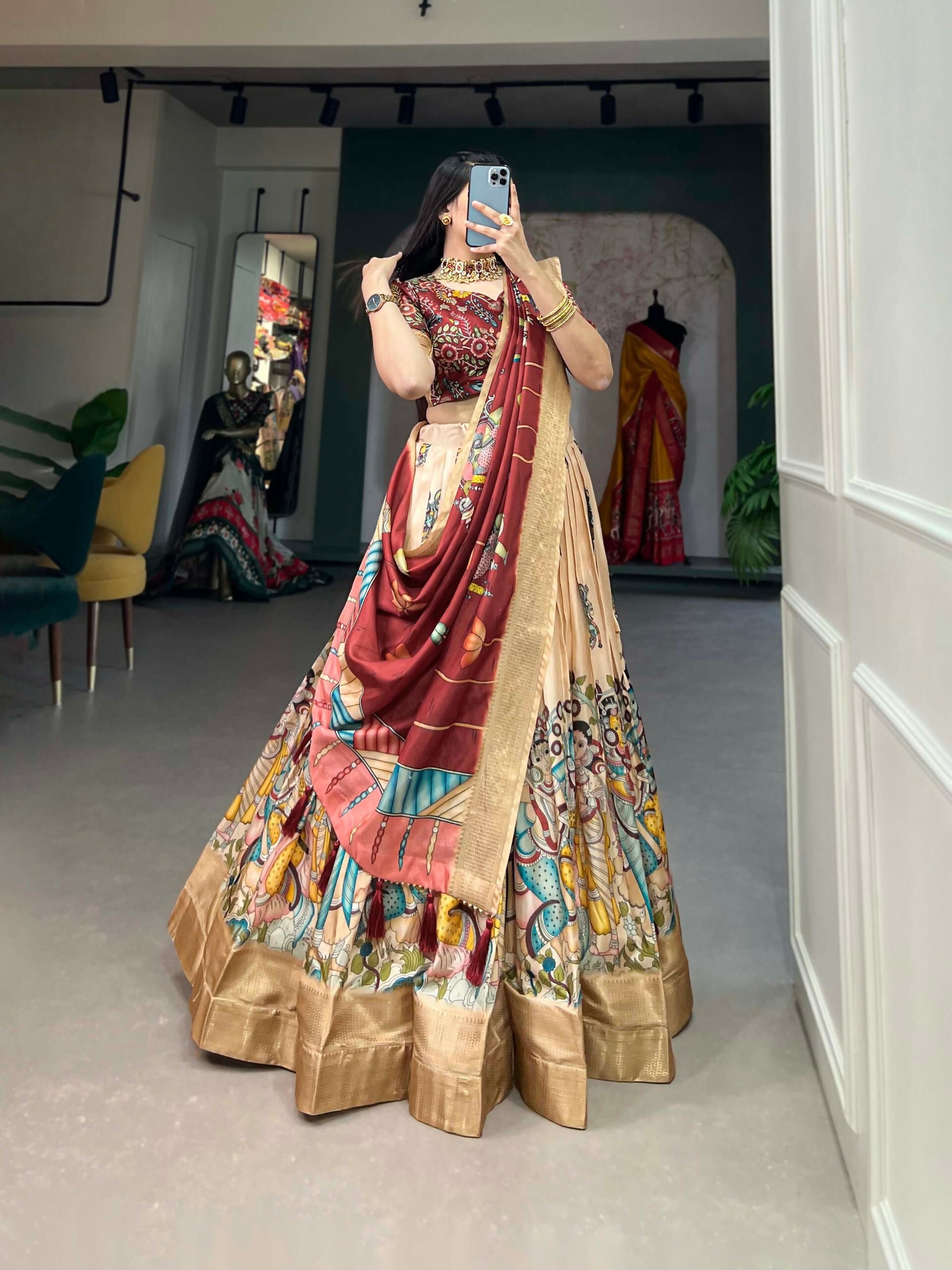 Vastranavya Kalamkari Print With Weaving Border Lehenga with Unstitched Blouse - Cream