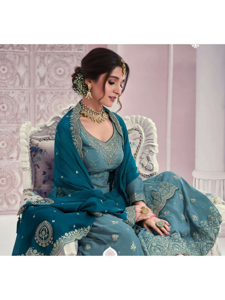 Vastranavya Exquisite Teal Heavy Chinon with Embroidered & Sequins Work Salwar Suits