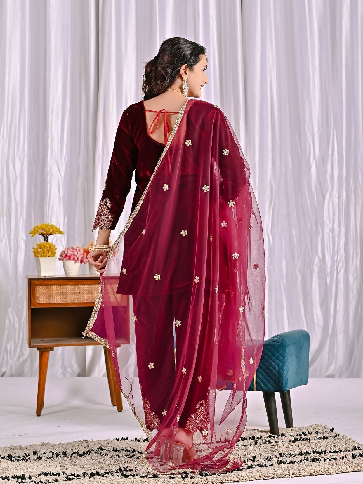 Joban Fashion Wine Velvet Sequence Embroidery Work Kurta Set - Distacart