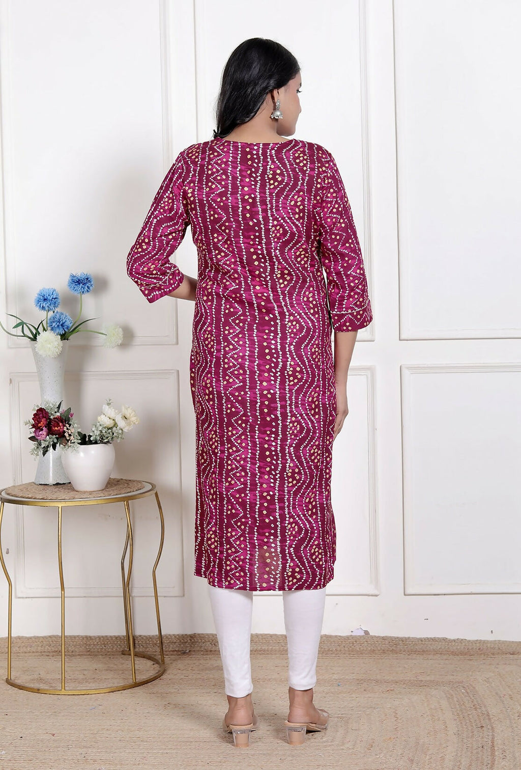 Miravan Womens Magenta Bandhej Printed Rayon Kurti