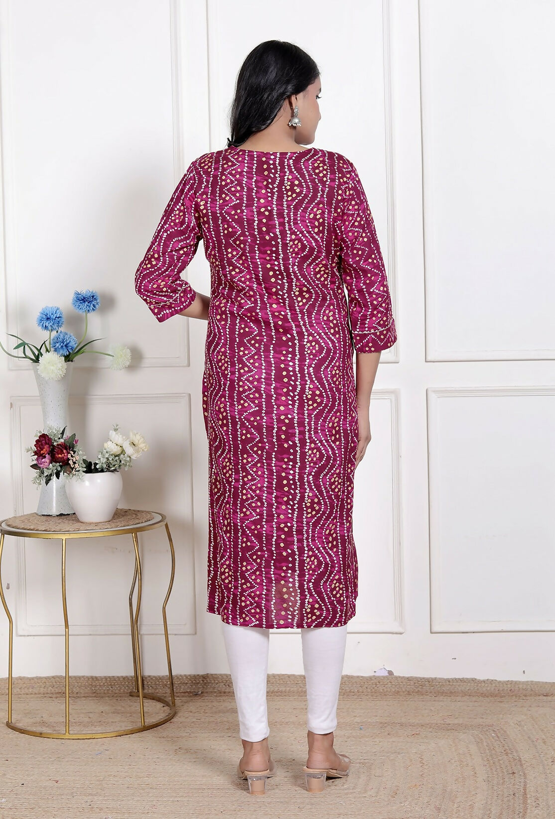 Miravan Womens Magenta Bandhej Printed Rayon Kurti
