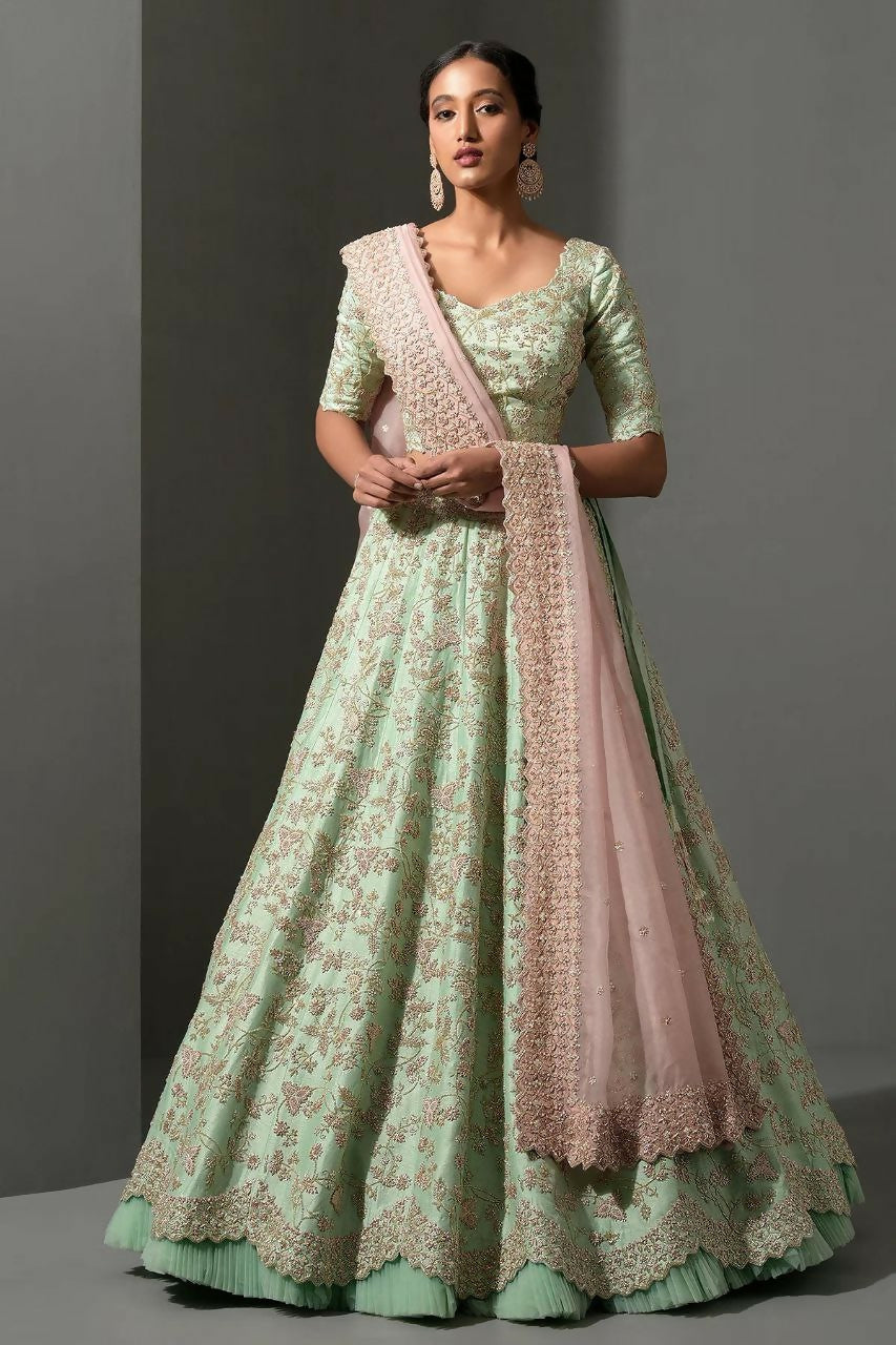Jyoti Fashion Women's Sea Green Mulberry Silk Sequins, Dori & Thread Embroidered with Net Ruffle Work Designer Lehenga Choli Set