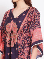 Myshka Women's Multi Printed Cotton 3/4 Sleeve V Neck Casual Kaftan Dress
