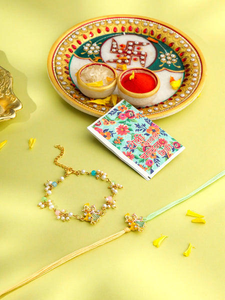 NVR Set of 2 Multicolor Gold Toned Radha Krishna Beaded Bhaiya Bhabhi Rakhi with Roli Chawal Chandan & Mishri