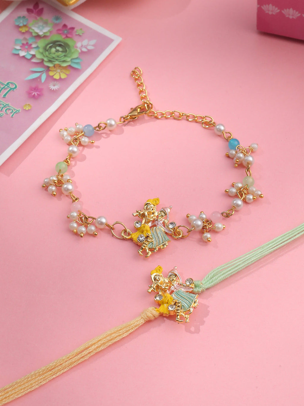 NVR Set of 2 Multicolor Gold Toned Radha Krishna Beaded Bhaiya Bhabhi Rakhi with Roli Chawal Chandan & Mishri - Distacart