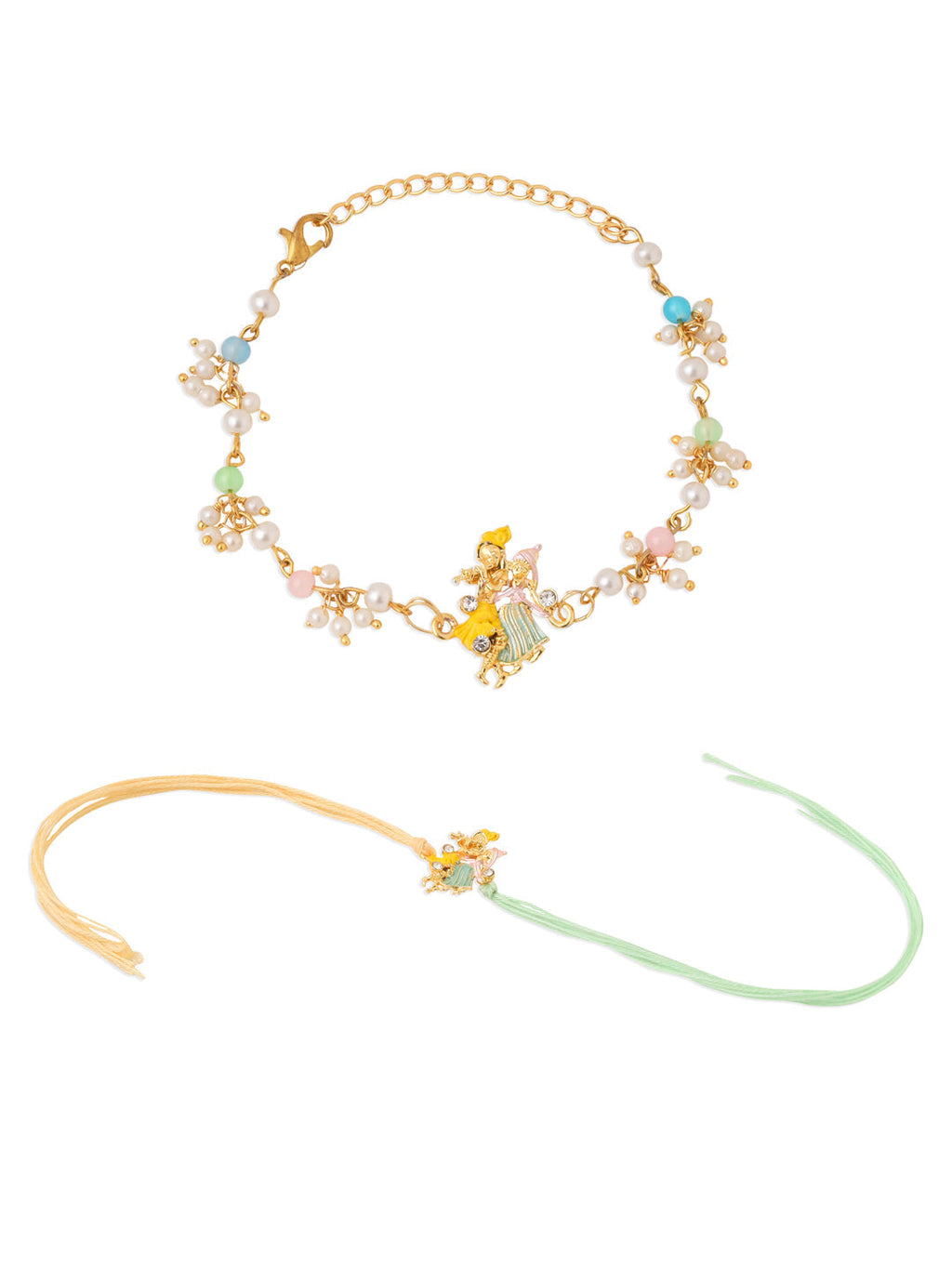 NVR Set of 2 Multicolor Gold Toned Radha Krishna Beaded Bhaiya Bhabhi Rakhi with Roli Chawal Chandan & Mishri - Distacart