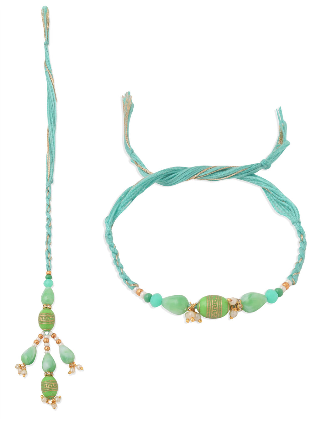 NVR Set of 2 Green Artificial Beads Bhaiya Bhabhi Rakhi with Roli Chawal Chandan & Mishri - Distacart