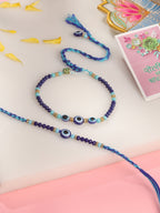 NVR Set of 2 Blue Evil Eye Artificial Beads Bhaiya Bhabhi Rakhi with Roli Chawal Chandan & Mishri - Distacart