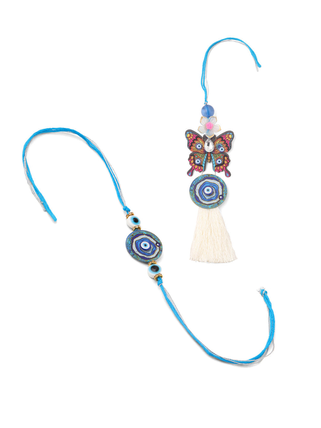 NVR Blue Evil Eye Artificial Beads Set of 2 Bhaiya Bhabhi Rakhi with Roli Chawal Chandan & Mishri - Distacart