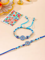 NVR Set of 2 Blue Evil Eye Floral Design Bhaiya Bhabhi Rakhi with Roli Chawal Chandan & Mishri - Distacart