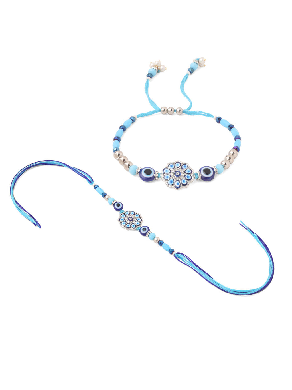 NVR Set of 2 Blue Evil Eye Floral Design Bhaiya Bhabhi Rakhi with Roli Chawal Chandan & Mishri - Distacart