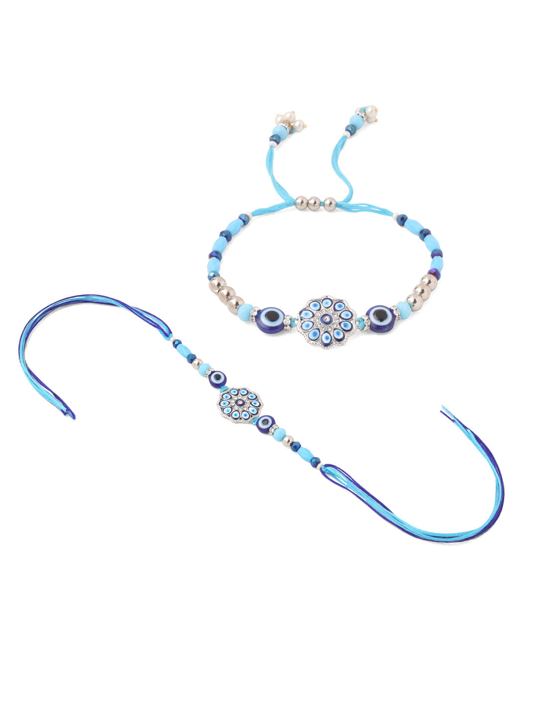 NVR Set of 2 Blue Evil Eye Floral Design Bhaiya Bhabhi Rakhi with Roli Chawal Chandan & Mishri - Distacart