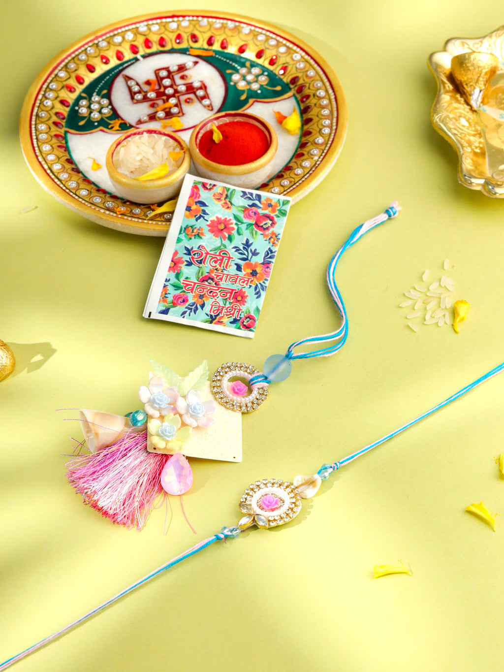 NVR Set of 2 Multicolor Artificial Stones & Beads Floral Design Bhaiya Bhabhi Rakhi with Roli Chawal Chandan & Mishri - Distacart
