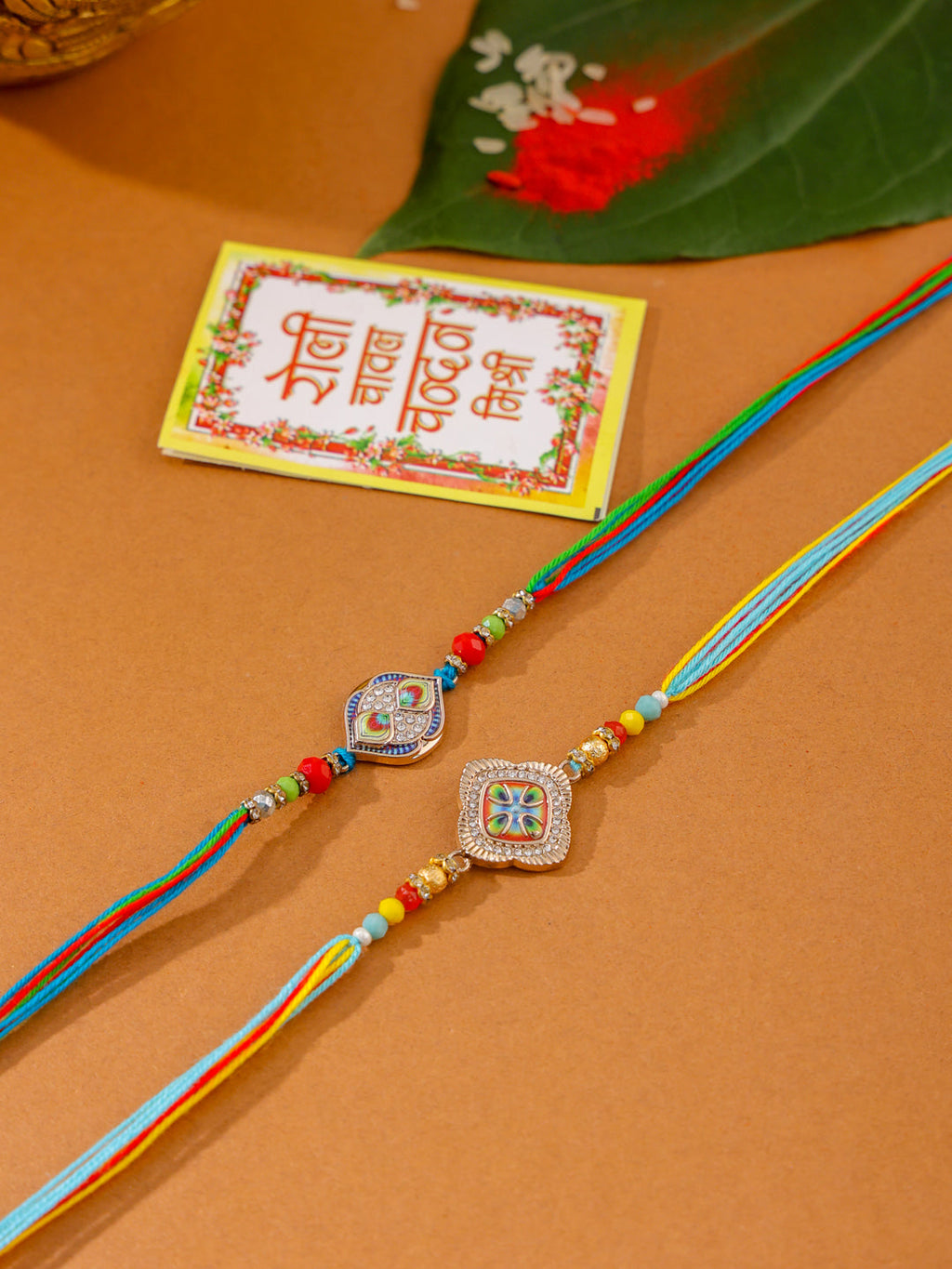 NVR Men Set of 2 Multicolor Artificial Stones Thread Rakhi with Roli Chawal Chandan & Mishri - Distacart