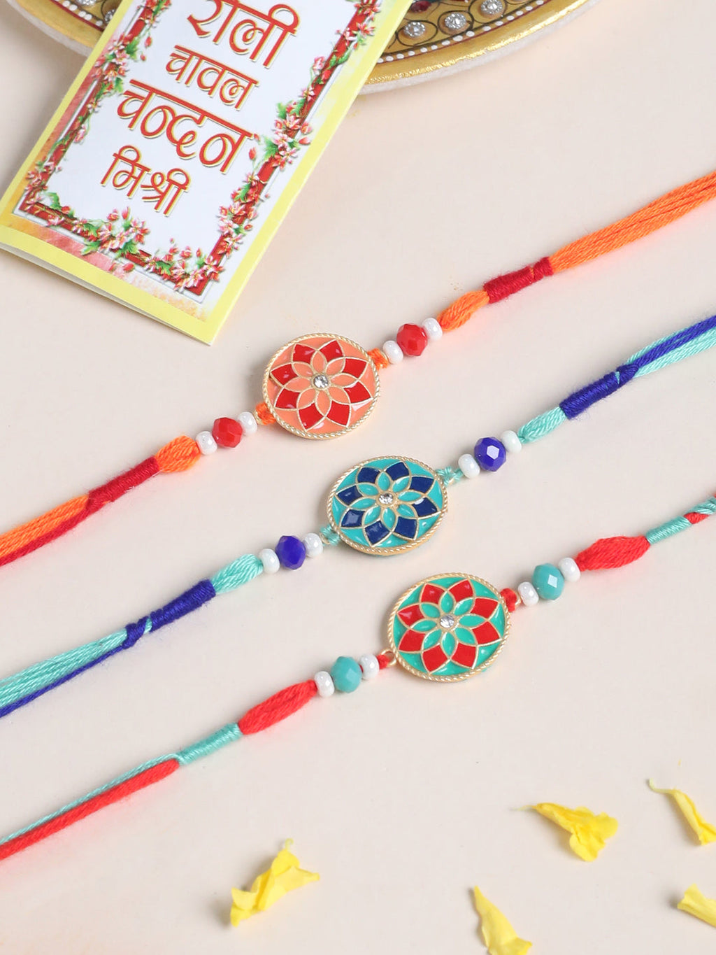NVR Men Set of 3 Floral Design Multicolor Artificial Beads Thread Rakhi with Roli Chawal Chandan & Mishri - Distacart