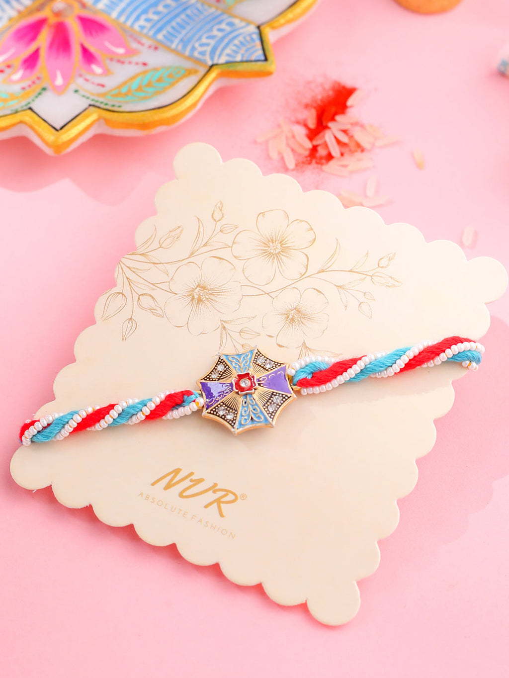 NVR Men Floral Design Multicolor Artificial Stones & Pearls Thread Rakhi with Roli Chawal Chandan & Mishri - Distacart