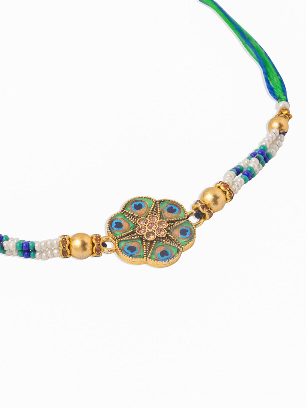 NVR Men Peacock Design Multicolor Artificial Stones & Pearls Thread Rakhi with Roli Chawal Chandan & Mishri - Distacart