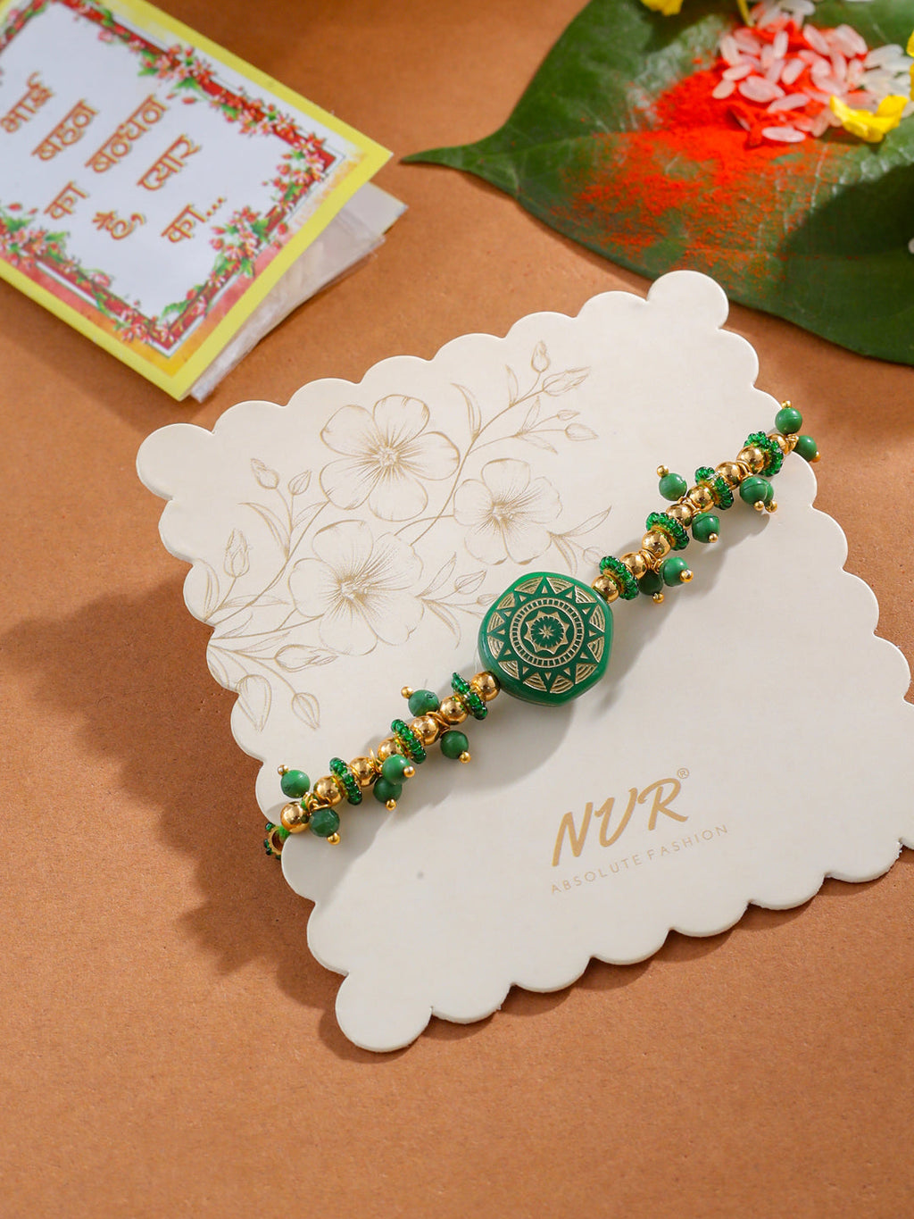 NVR Men Green Artificial Beads Round Shape Thread Rakhi with Roli Chawal Chandan & Mishri - Distacart