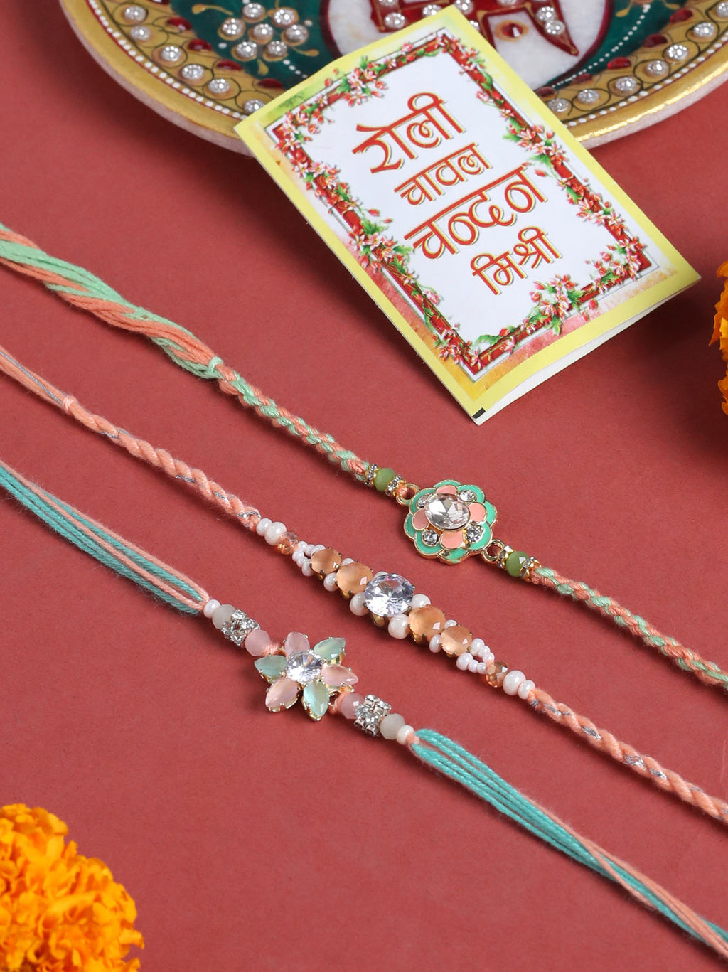 NVR Men Set of 3 Floral Design Multicolor Artificial Stones & Pearls Thread Rakhi with Roli Chawal Chandan & Mishri - Distacart