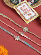 NVR Men Set of 3 Floral Design Multicolor Artificial Stones & Pearls Thread Rakhi with Roli Chawal Chandan & Mishri - Distacart