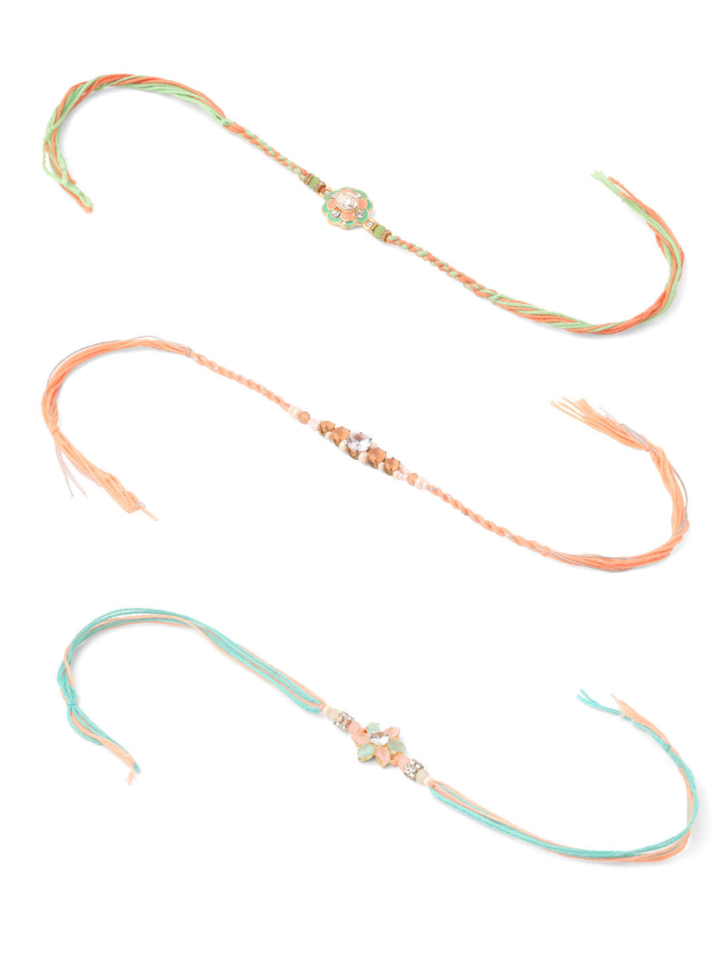 NVR Men Set of 3 Floral Design Multicolor Artificial Stones & Pearls Thread Rakhi with Roli Chawal Chandan & Mishri - Distacart