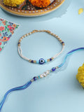 NVR Set of 2 Blue Evil Eye Artificial Stones & Beads Bhaiya Bhabhi Rakhi with Roli Chawal Chandan & Mishri - Distacart