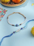 NVR Set of 2 Blue Evil Eye Artificial Stones & Beads Bhaiya Bhabhi Rakhi with Roli Chawal Chandan & Mishri - Distacart