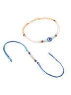 NVR Set of 2 Blue Evil Eye Artificial Stones & Beads Bhaiya Bhabhi Rakhi with Roli Chawal Chandan & Mishri - Distacart