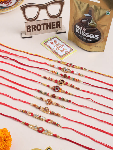 NVR Men Set of 10 Red Artificial Stones and Beads Rudraksh Thread Rakhi Combo