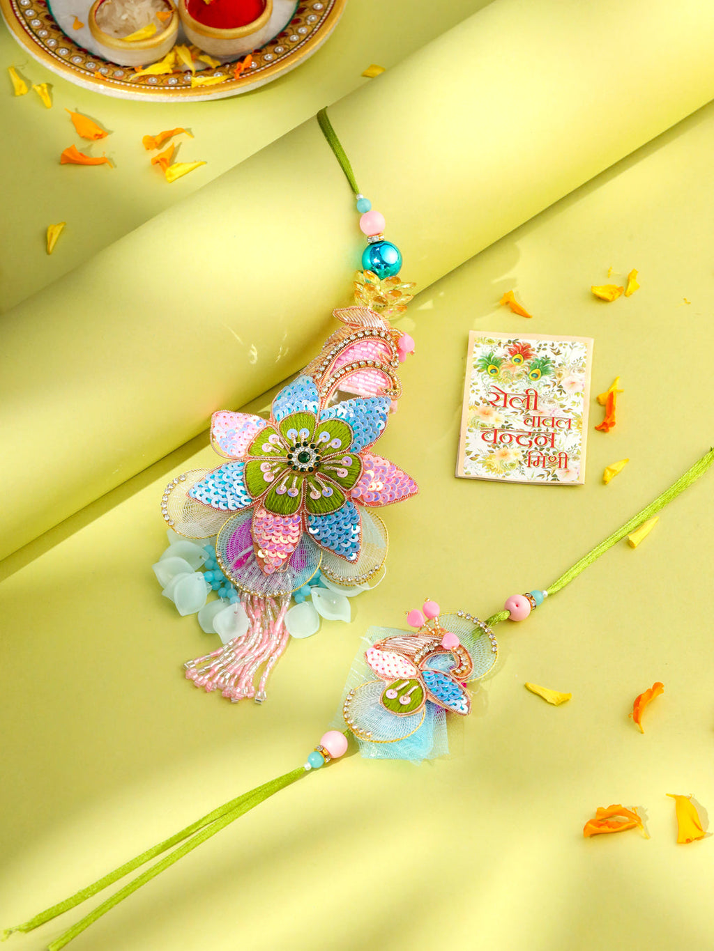 NVR Set of 2 Handmade Multicolor Artificial Stones & Beads Bhaiya Bhabhi Rakhi with Roli Chawal Chandan & Mishri - Distacart