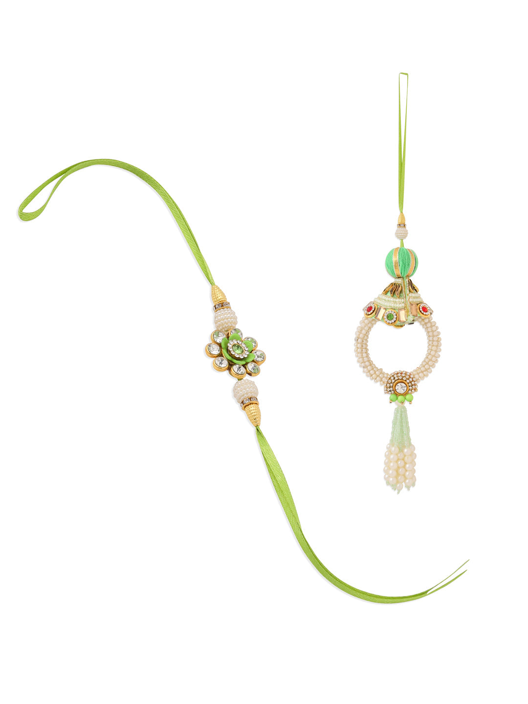 NVR Set of 2 Handcrafted Green Artificial Stones & Pearls Bhaiya Bhabhi Rakhi with Roli Chawal Chandan & Mishri - Distacart