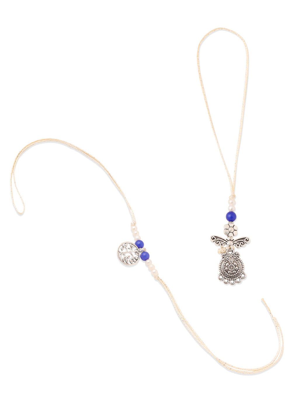 NVR Set of 2 Silver Toned Pearls & Beads Bhaiya Bhabhi Rakhi with Roli Chawal Chandan & Mishri - Distacart