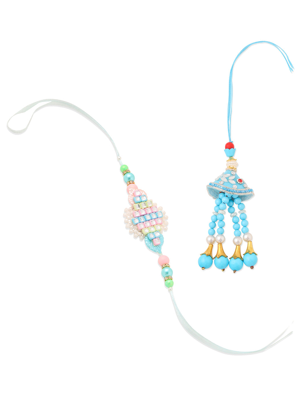 NVR Set of 2 Blue & Pink Artificial Stones & Beads Bhaiya Bhabhi Rakhi Combo - Distacart