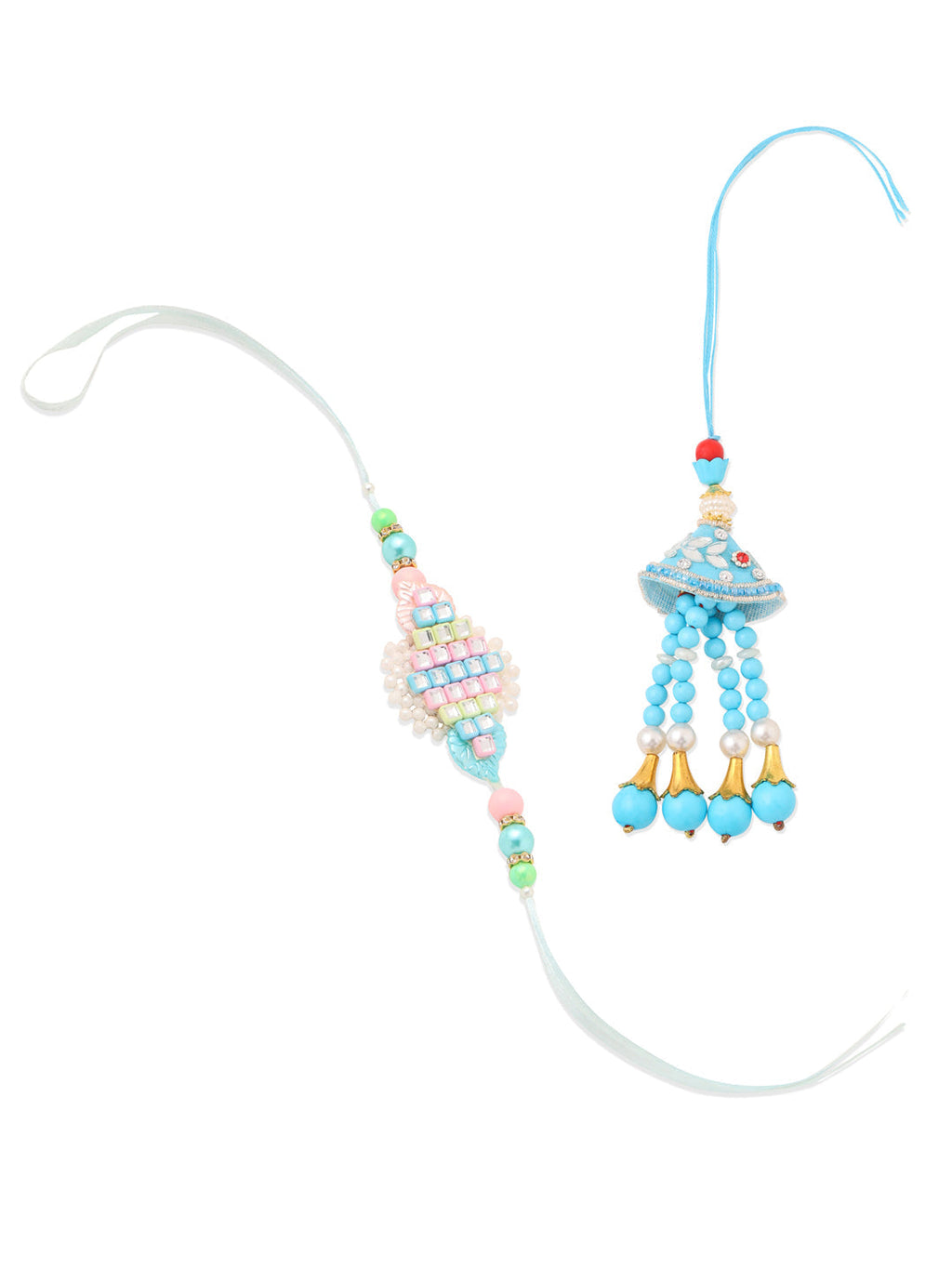 NVR Set of 2 Blue & Pink Artificial Stones & Beads Bhaiya Bhabhi Rakhi with Roli Chawal Chandan & Mishri - Distacart