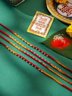 NVR Men Set of 4 Pearls Traditional Red Thread Rakhi with Roli Chawal Chandan & Mishri - Distacart