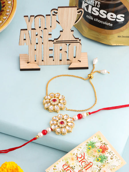 NVR Set of 2 Gold Toned Kundan Studded Floral Design Bhaiya Bhabhi Rakhi Combo