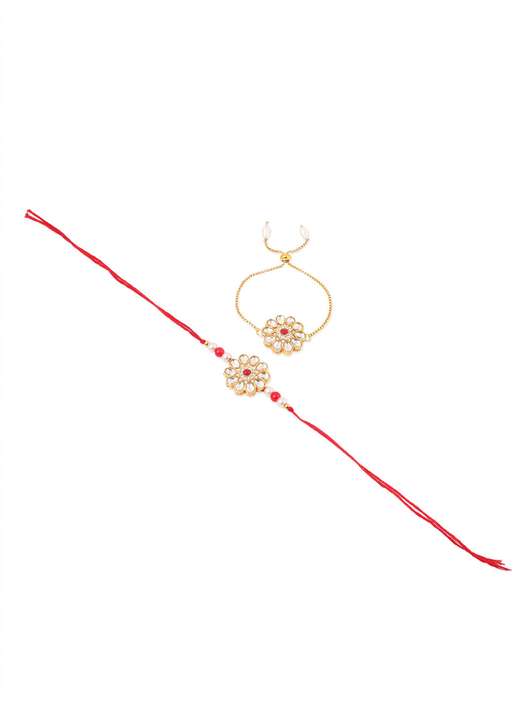 NVR Set of 2 Gold Toned Kundan Studded Floral Design Bhaiya Bhabhi Rakhi Combo - Distacart