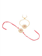 NVR Set of 2 Gold Toned Kundan Studded Floral Design Bhaiya Bhabhi Rakhi Combo - Distacart