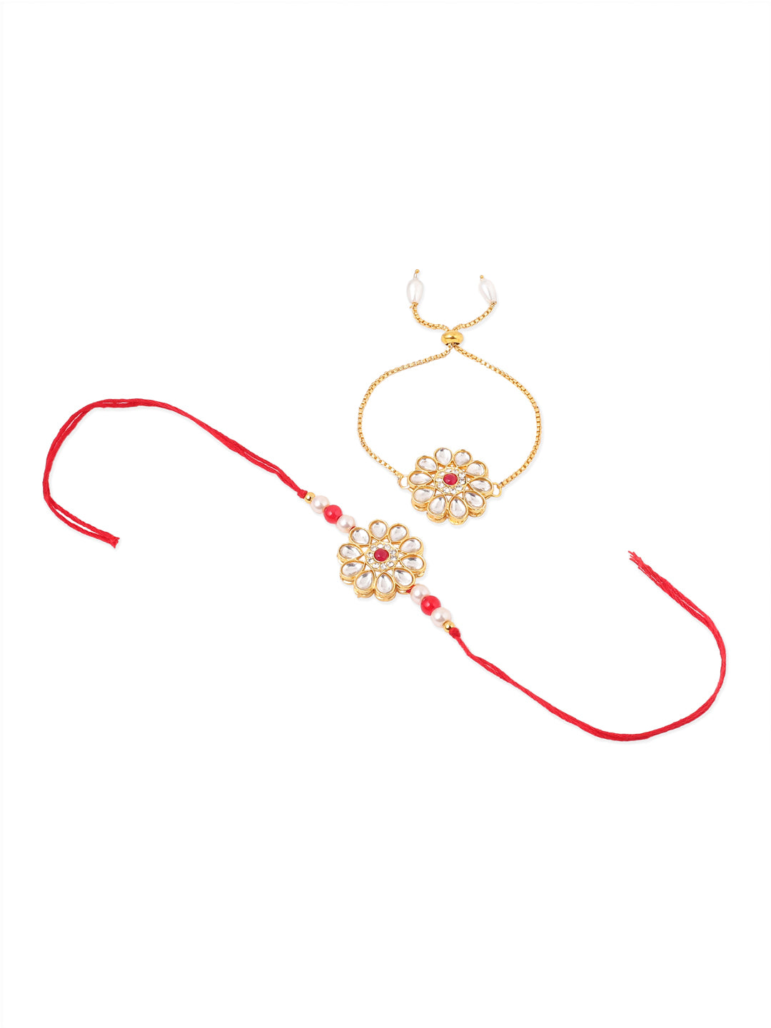 NVR Set of 2 Gold Toned Kundan Studded Floral Design Bhaiya Bhabhi Rakhi Combo - Distacart